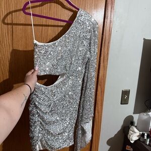 Silver Sequin One-Shoulder Dress